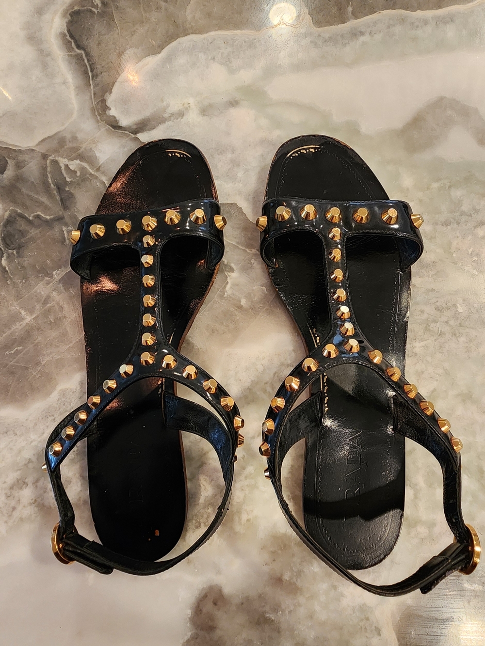 Prada Black Leather Studded T-Strap Sandals with Gold Accents